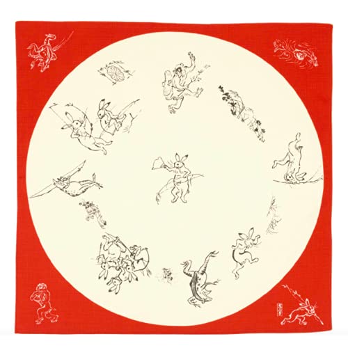 山田繊維 Furoshiki Traditional Japanese Fabric (Choju-giga Round Window Red) - Wrapping Cloth Bandana - Medium 26.77 x 26.77 inches, Hand Towel: with Ukiyo-e Art Motif
