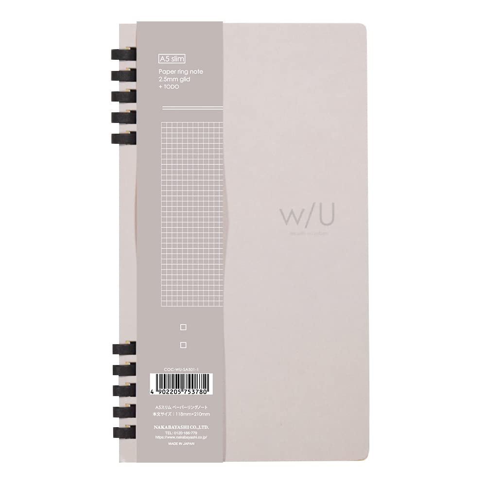Nakabayashi COC-WU-SA501-1 Paper Ring Notebook, A5 Slim, 0.1 inch (2.5 mm) Grid + ToDo, 40 Sheets, Ivory