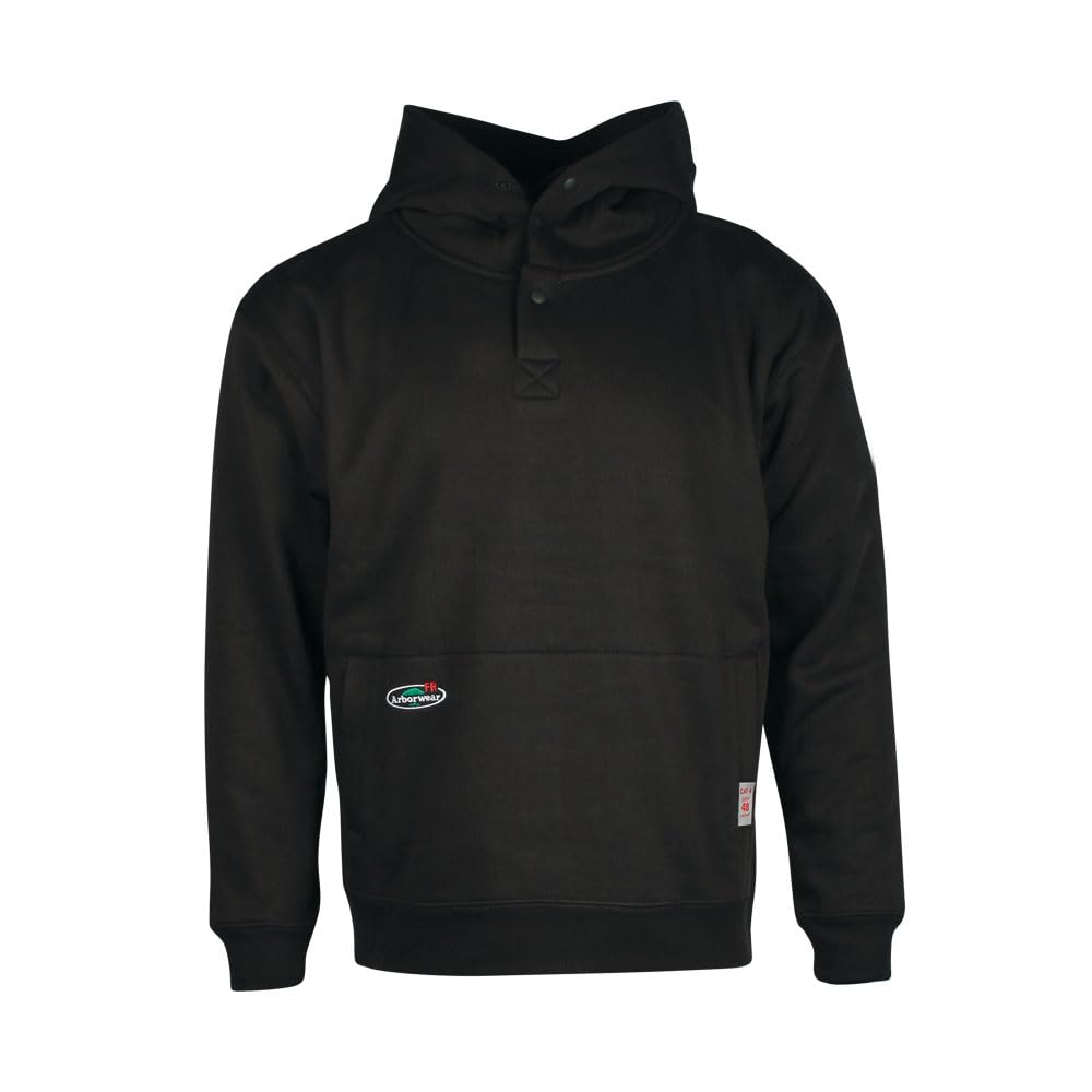 Arborwear Double Thick Hooded Pullover Sweatshirt FR Mens, Stretch Fleece Modacrylic or Cotton Anti-Static, Snap Hood, Black - XL