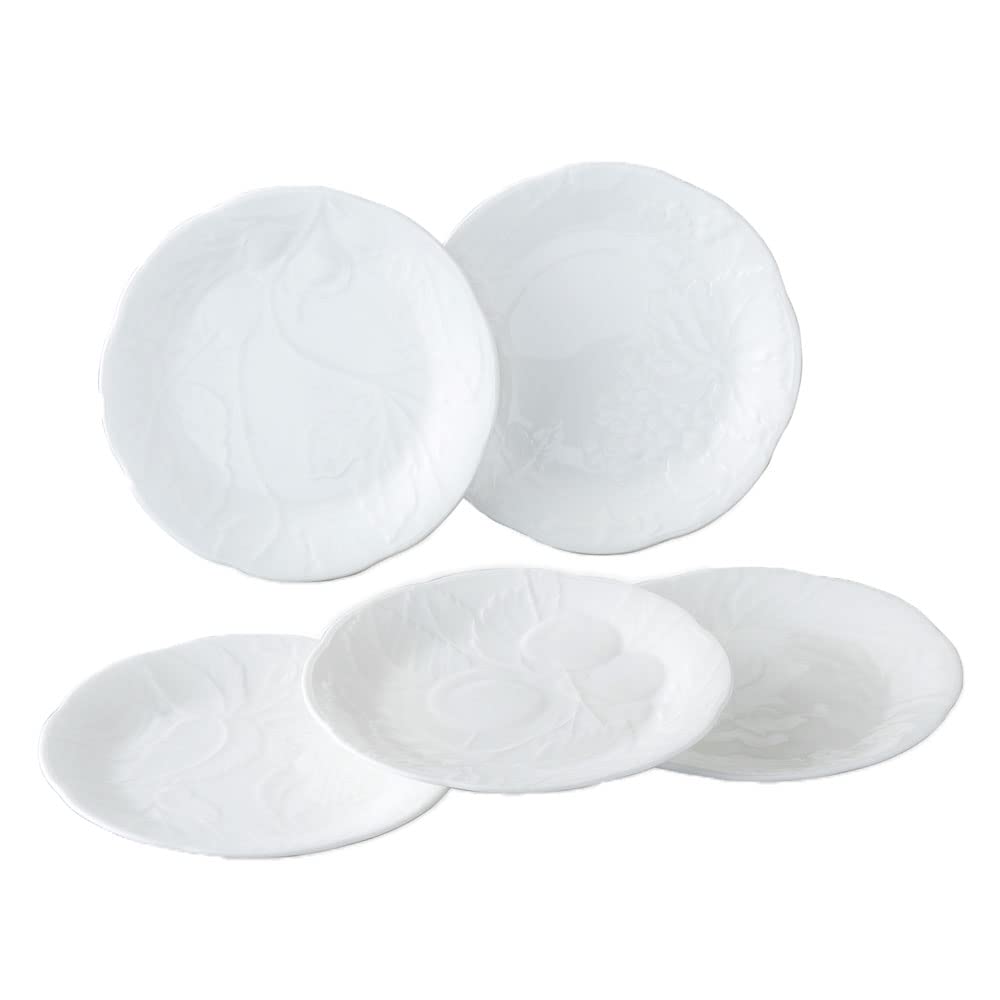 Narumi 1023-23366 Plate Plate Set, Gift Gallery, 6.7 inches (17 cm), White, 5 Pattern Set, Cute, Relief Present, Microwave Warm, Dishwasher Safe, Made in Japan, Gift Box Included