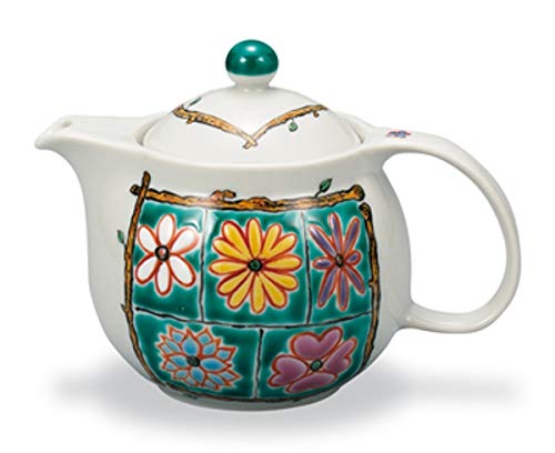 Marusan Miyamoto Kyusu "Kutani Pot" Diameter 5.9 x Height 3.7 inches (15 x 9.5 cm), Pot Teapot, Flower Box, Green, Tea Strainer Included