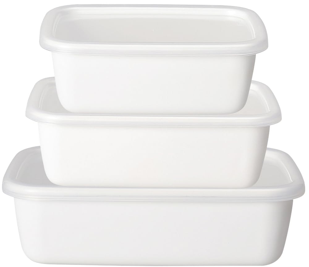 Nodahoro Enameled Storage Container, Heat Resistant, Rectangle, Deep, S, M, L, Size, Set of 3 Sizes, Includes Seal Lid, White Series, Made in Japan