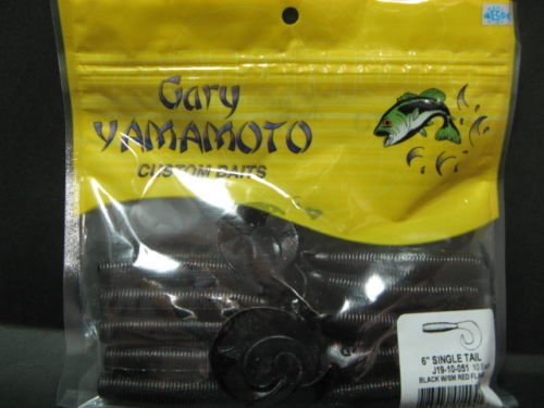 Gary Yamamoto. 6" Single Tail Grub. #051 Black W/sm Red Flake.