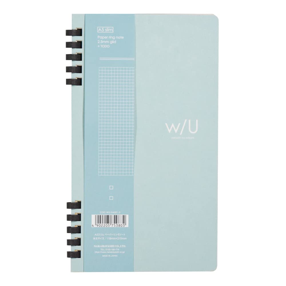 Nakabayashi COC-WU-SA501-3 Paper Ring Notebook, A5 Slim, 0.1 inch (2.5 mm) Grid + ToDo, 40 Sheets, Blue