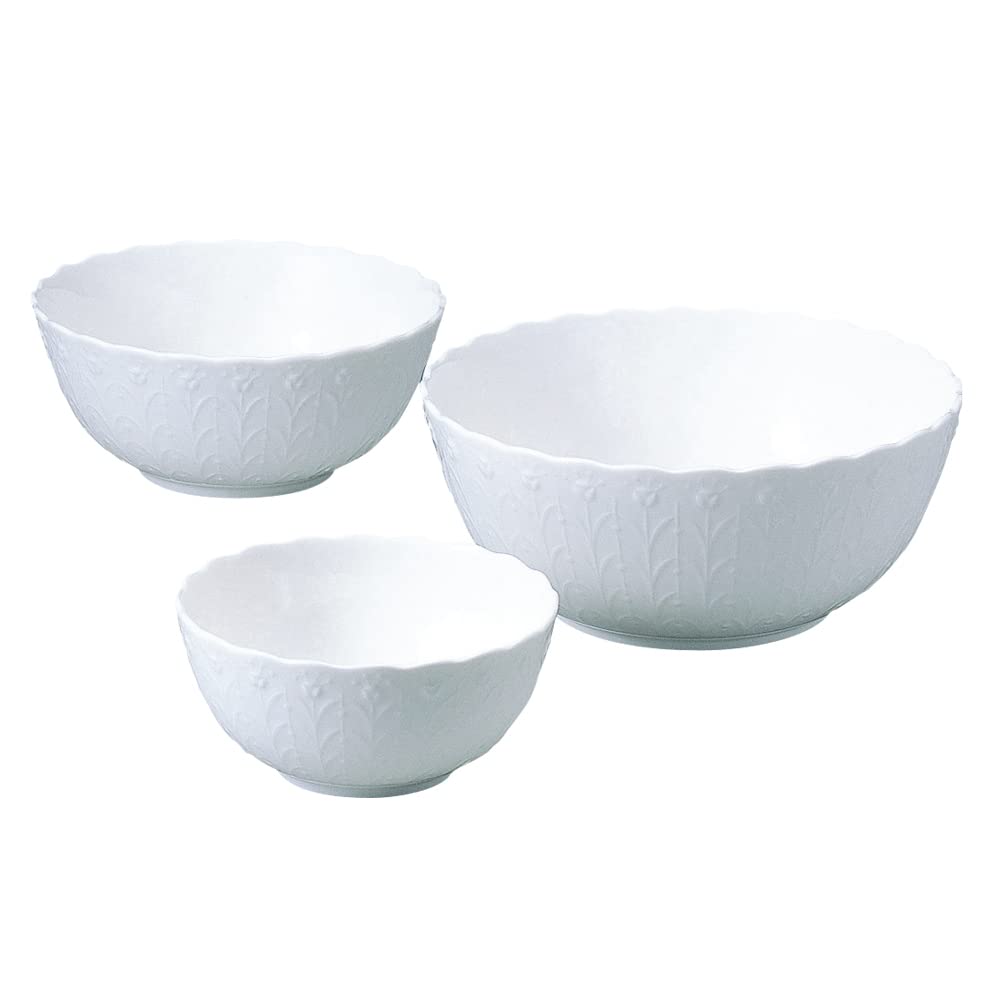 Narumi 9968-21467P Silky White Cute Relief Nesting Bowl Set, 3 Pieces, Microwave Heater, Dishwasher Safe, Gift Box Included