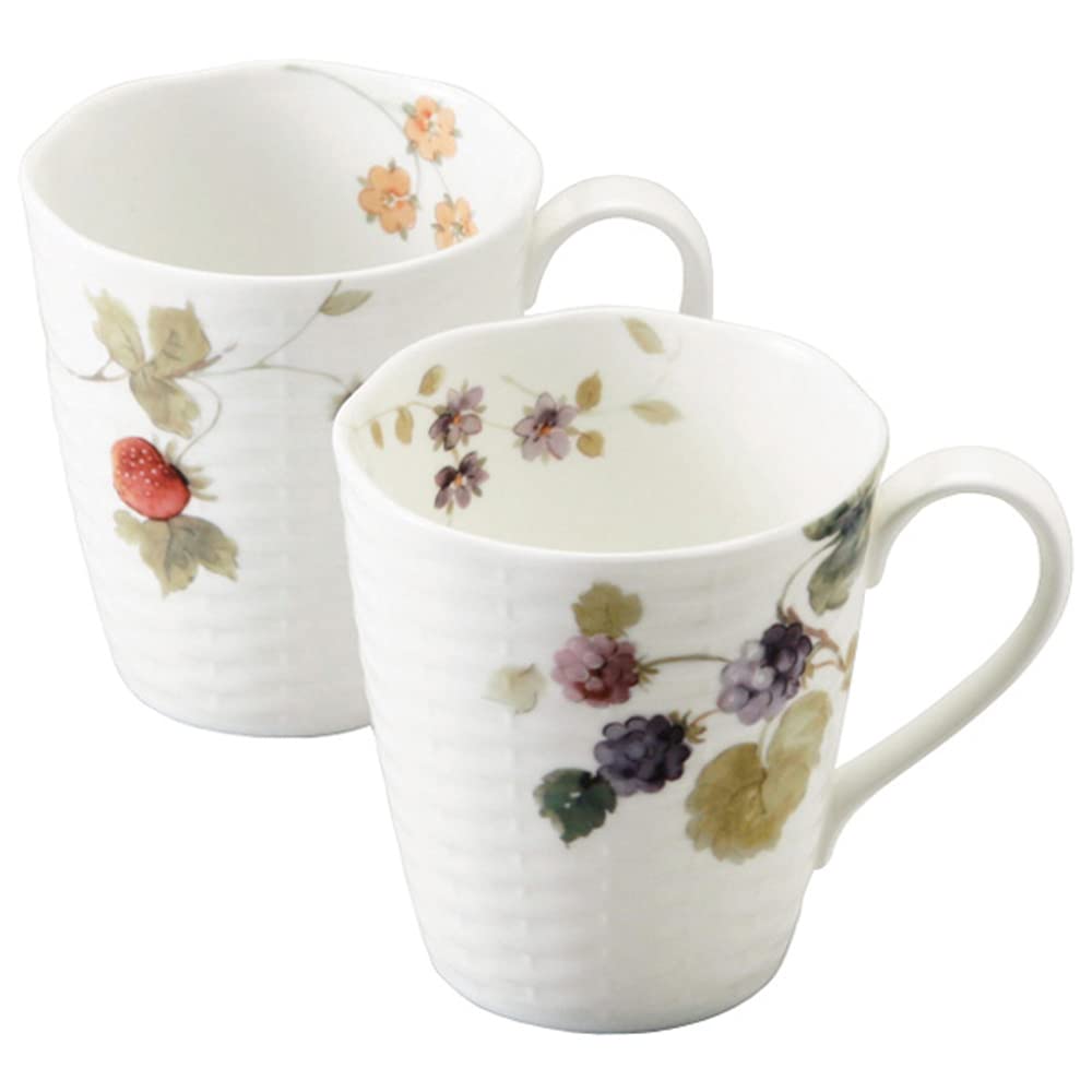 Narumi 96011-21903P Pair Mugs, Lucy Garden, 12.5 fl oz (370 cc), Berry Pattern, Set of 2 Patterns, Cute, Stylish, Relief, Large, Microwave Safe, Dishwasher Safe, Gift Box Included