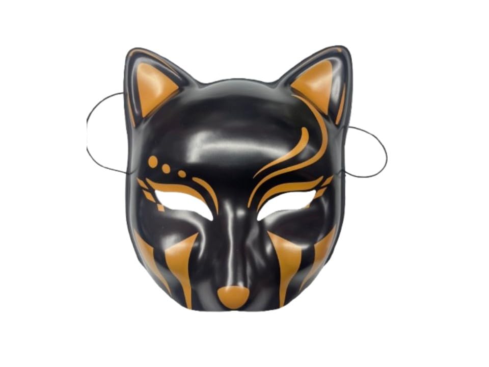 Genique Kitsune Fox Neko Cat Mask for Christmas Costume, Animal Cosplay Kabuki Half Face Cat Masks,White Gold, Black Gold,Free (Black Gold)