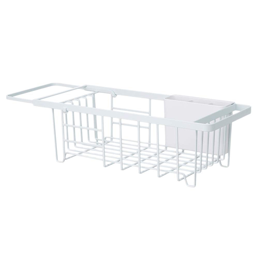 Yamazaki 3492 Telescopic Drainer Wire Basket, White, Approx. W17.3-21.3 x D7.7 x H5.5 inches (44-54 x 19.5 x 14 cm), Tower Dish Drying Rack, Cutlery Pocket