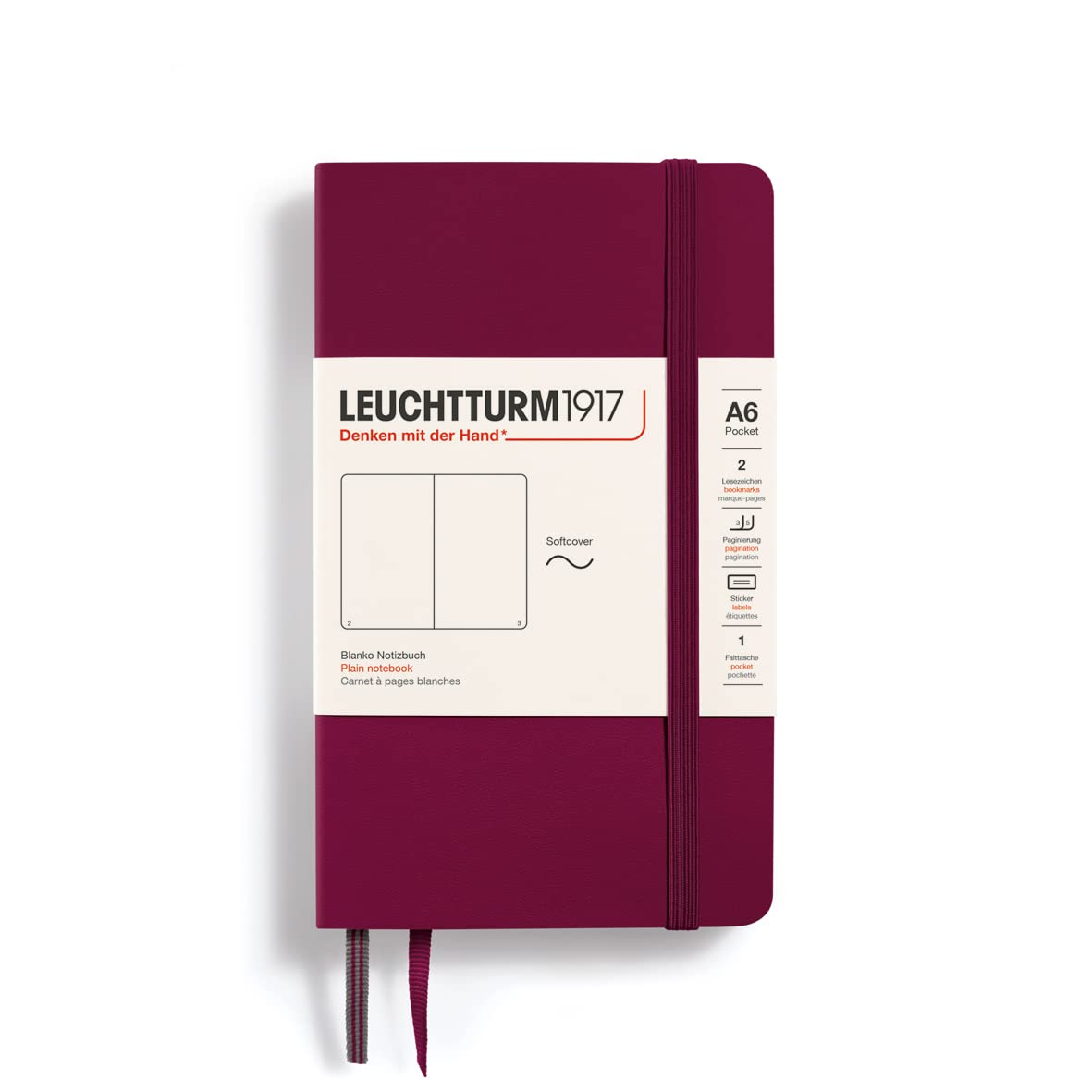 LEUCHTTURM1917 - Notebook Softcover Pocket A6-123 Numbered Pages for Writing and Journaling (Plain, Port Red)