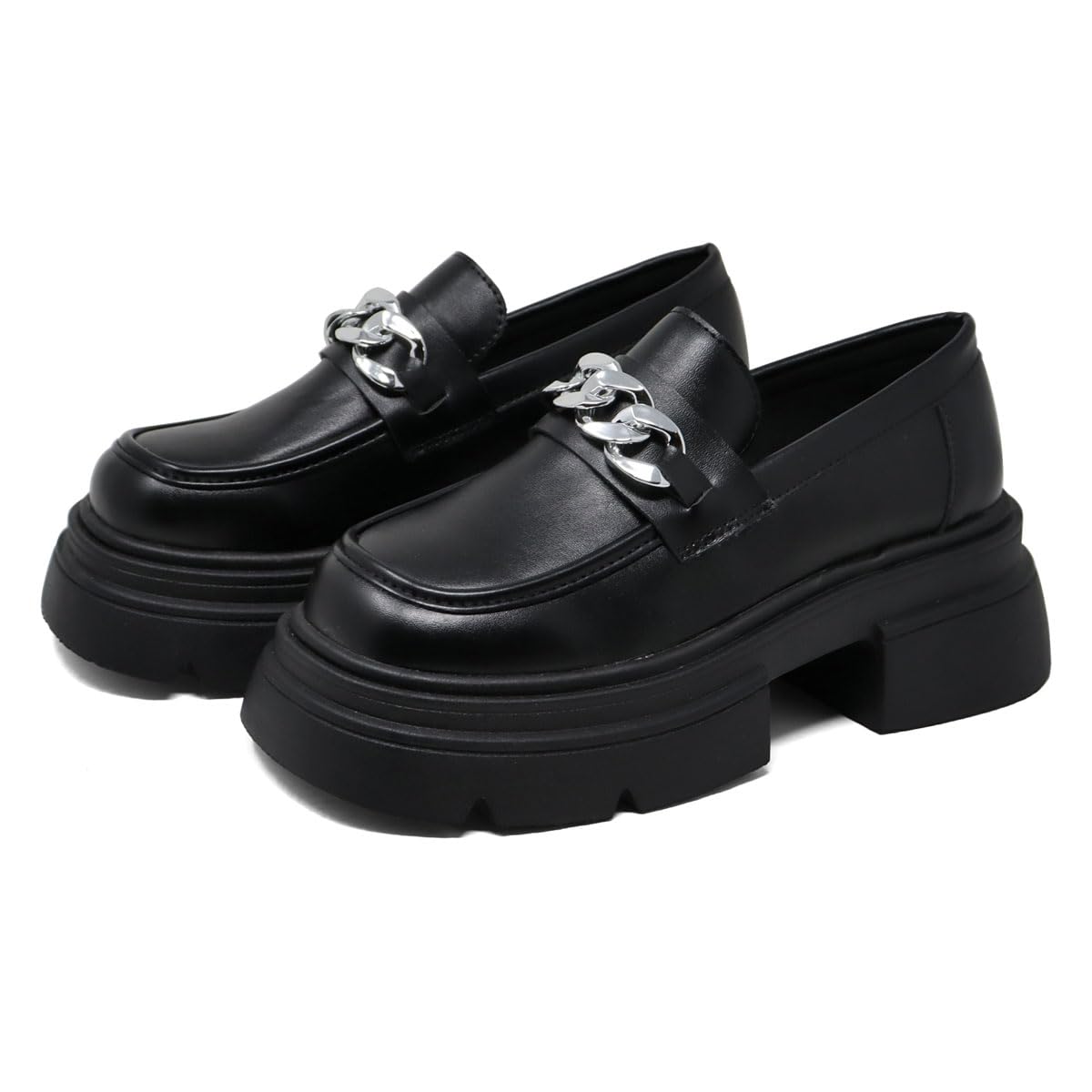 LOVE HUNTER(ラブハンター) Women's Big Chain Loafers Chunky Sole 6.5cm Heel Square Toe Slip-on Shoes, Black, 24.5 cm