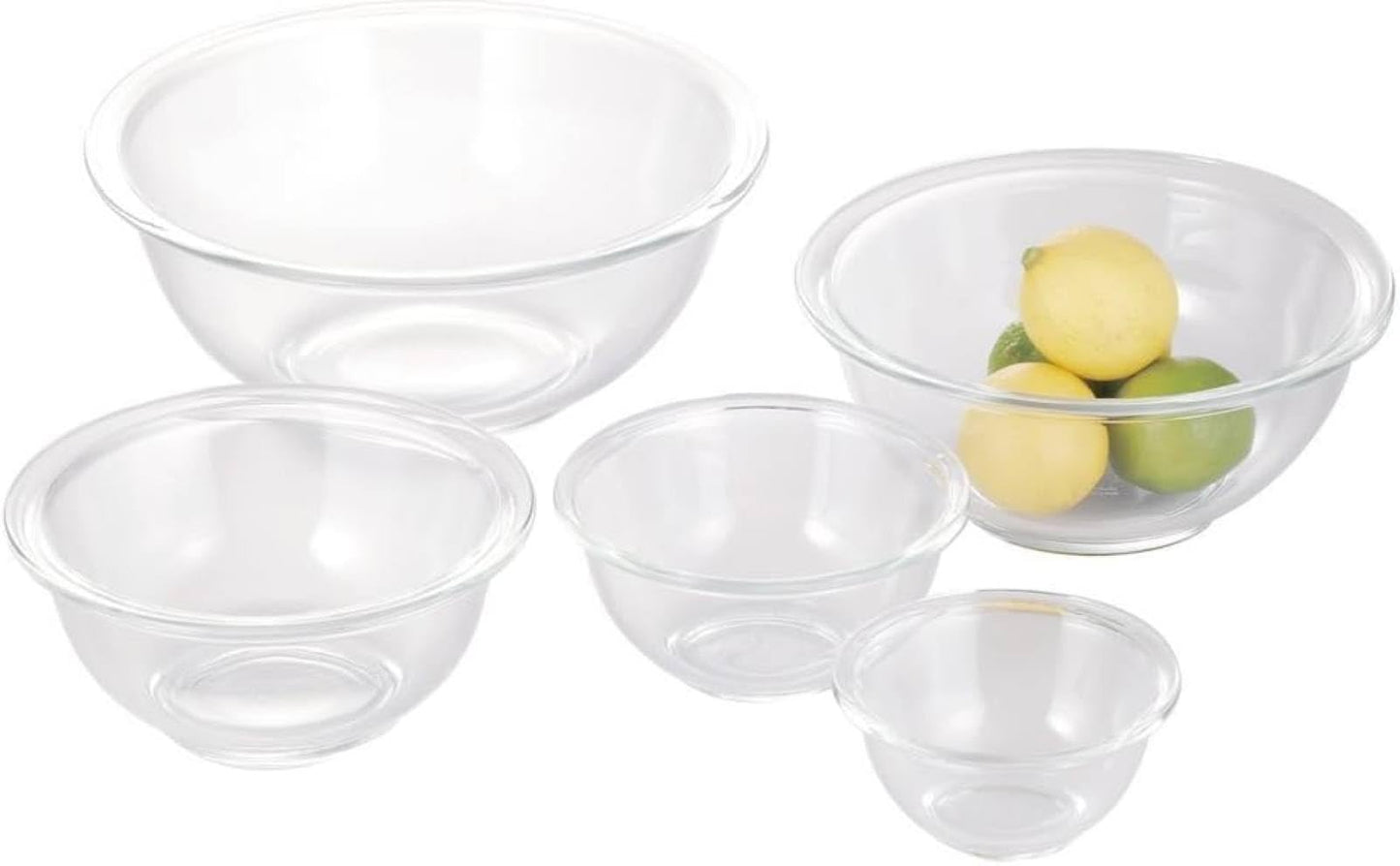 iwaki PST-BO-40N AGC Techno Glass, Heat Resistant Glass, Round, Set of 5, Microwave, Oven, Dishwasher Safe, Wide Mouth Design for Easy Mixing, Low Center of Gravity for Stability