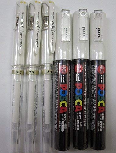 Uni-Ball Signo UM-153 Broad Point Gel Impact Pen, 1.0mm White (3 pack) / Uni-Ball Posca Marker PC-1M Paint Glass Pen Extra Fine, 0.7mm White (3 pack) Value Set