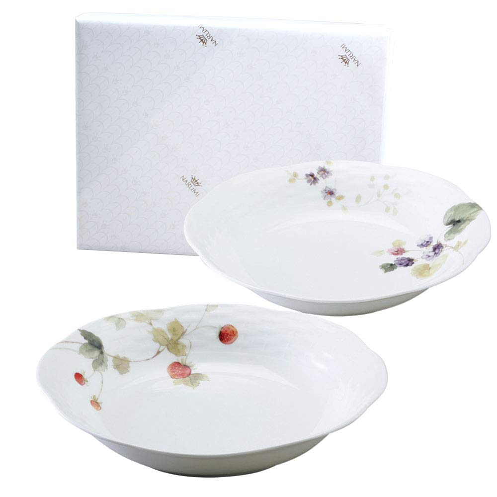Narumi 96011-23065PAZ Lucy Garden Plate Plate Set, 9.1 inches (23 cm) Diameter, Berry Pattern, 2 Pattern Set, Stylish, Cute, Relief Oval Plate, Wedding Gift, Mother's Day Gift, Microwave Warm,