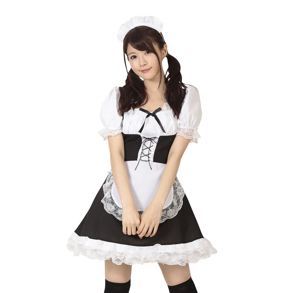 Best seller! ? cute lace-up front black x White maid One Size