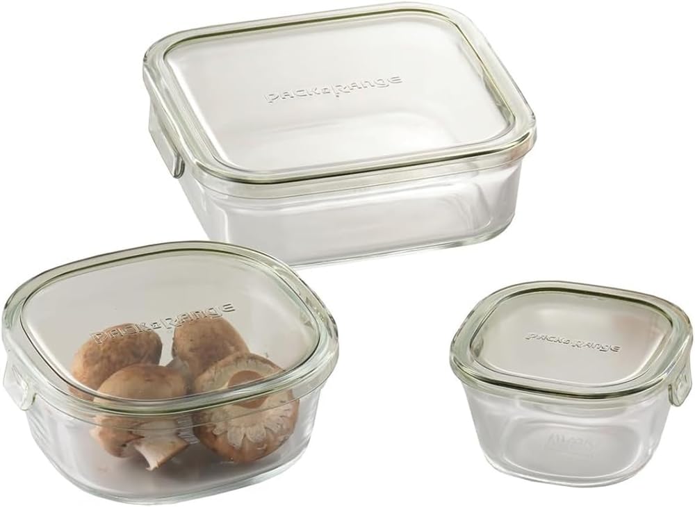 iwaki PC-PRN3G41 Heat Resistant Glass Storage Container, Olive Green, Square Shape, 3-piece Set, Pack & Range
