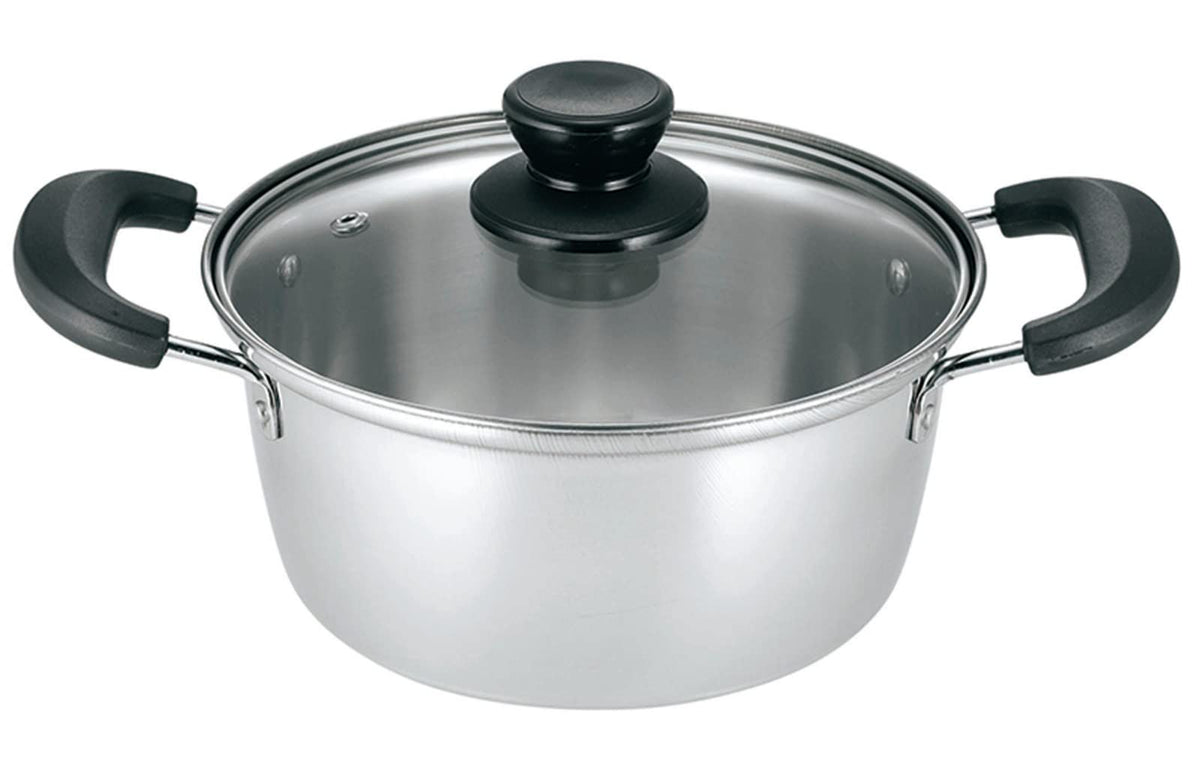 Kakusee NW-03 Double Handed Pot, 7.1 inches (18 cm), Full Water, 0.6 gal (2 L), Rust Resistant, Stainless Steel, Glass Lid, Lightweight, Induction Compatible, Cooking Pot, Nirwaka, Silver