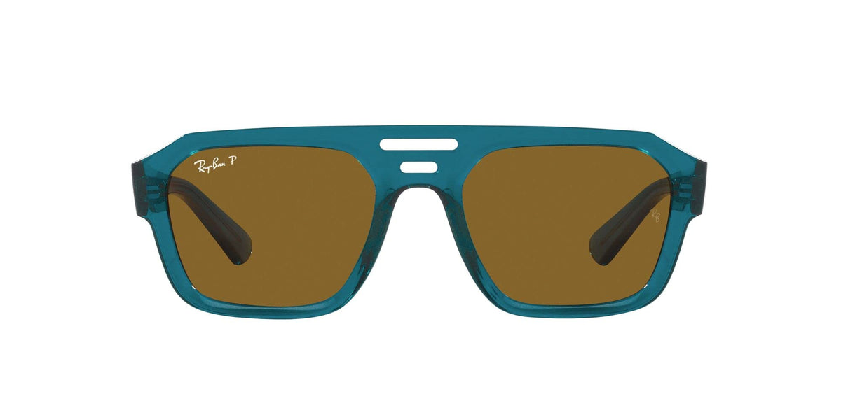 Ray-Ban Unisex RB4397 Corrigan Square Sunglasses, Transparent Light Blue/Dark Brown Polarized, 54 mm