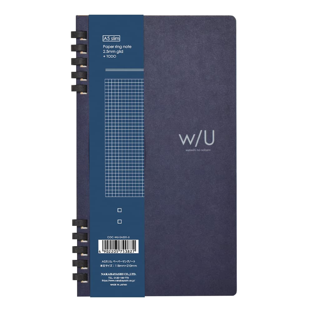 Nakabayashi COC-WU-SA501-5 Paper Ring Notebook, A5 Slim, 0.1 inch (2.5 mm) Grid + ToDo, 40 Sheets, Navy