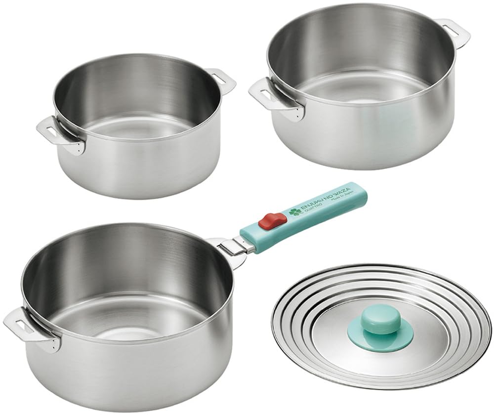 Tsubame Mature Technique Quattro Stainless Steel Pot 6.3 inches (16 cm), 7.1 inches (18 cm), 7.9 inches (20 cm), Detachable Handle and Combination Lid Included EJQ-1200