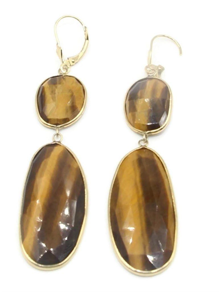 Tiger's Eye Double Hanging Earrings,14K Yellow Lever Backs