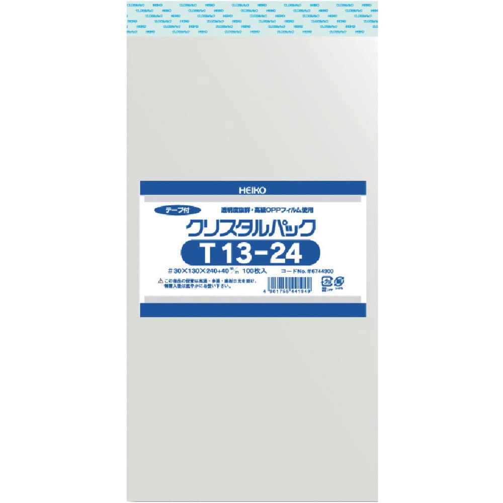 Shimojima Haiko T13-24 Transparent OPP Bags, Crystal Pack, Tape Included, 5.1 x 9.4 inches (13 x 24 cm), 100 Sheets