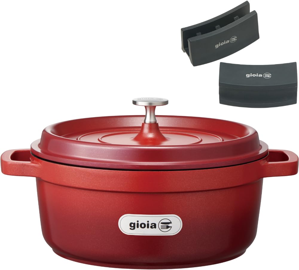 Mannen Gioia XC-24RE-H Two-Handed Pot, 9.4 inches (24 cm), Induction Compatible, Includes Handle Cover, Lid, Stew, Curry, Stylish, Red
