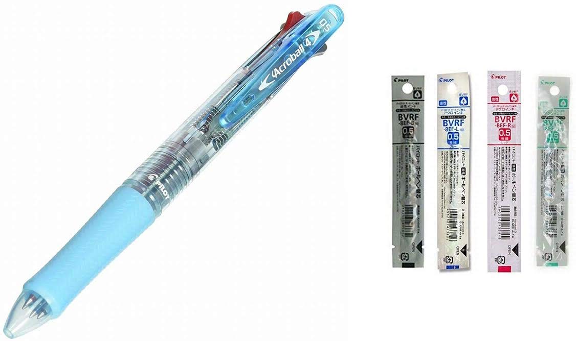 Pilot 4 Colors Ballpoint Pen Acroball 4 Extra Fine Black Red Blue & Green (BKAB-45EF-CSL) + Refill 4 Colors 0.5mm Set