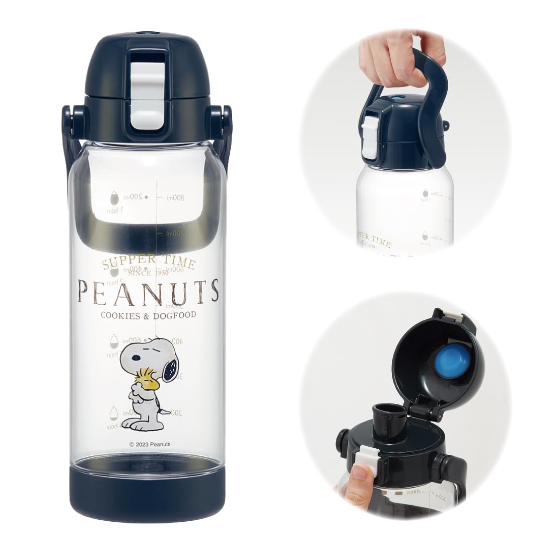 Skater PDMK10-A Snoopy Drink Marker Bottle, 3.3 fl oz (1 L), Easy to See What You Drink at a Glance, Includes Handle, Plastic Water Bottle, Snoopy