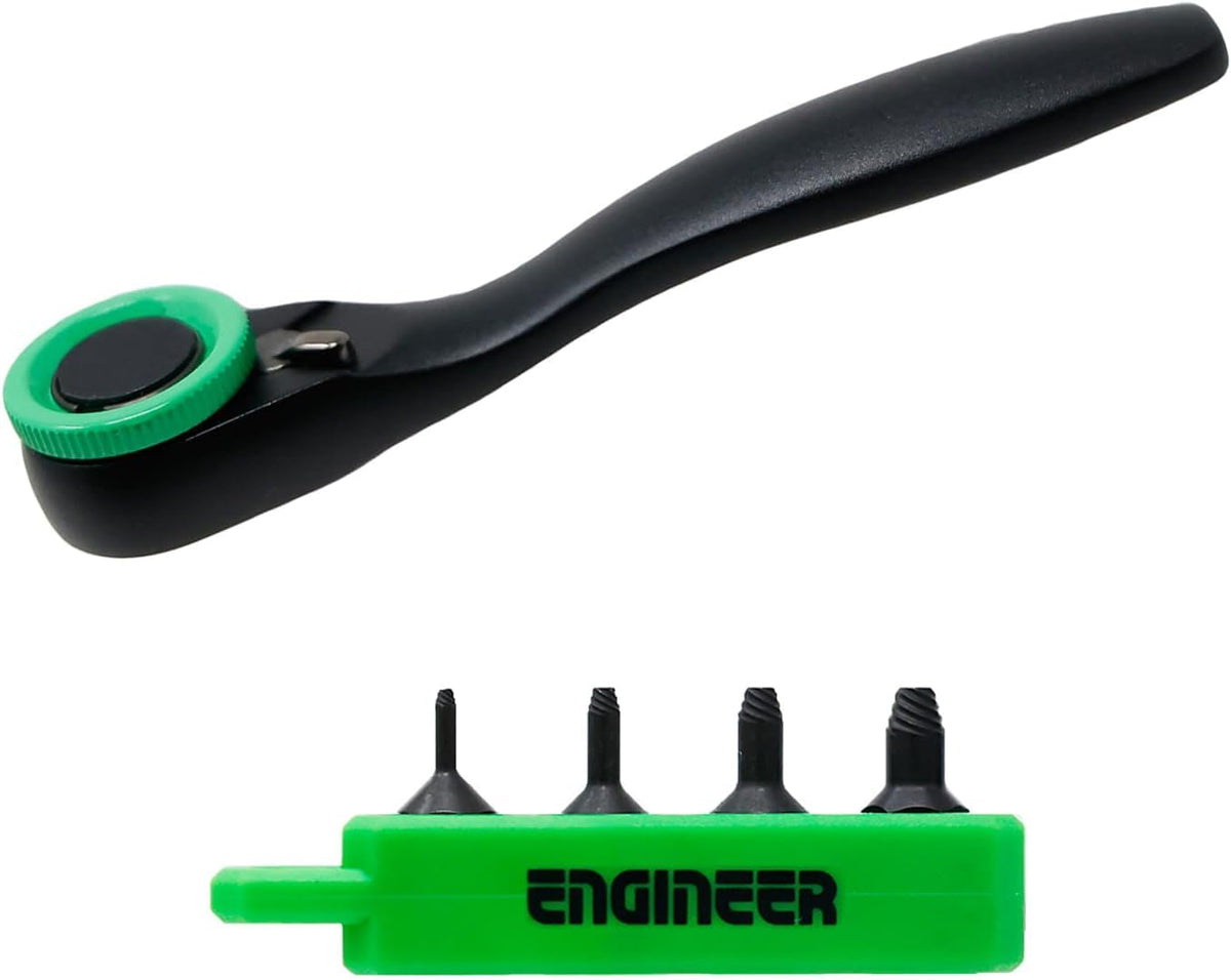 ENGINEER DZ-375 Ratchet Wrench Mini & Screw Removal Bit Ultra Short 4 Piece Set, Removes Stuck and Stripped M2-M5 Screws