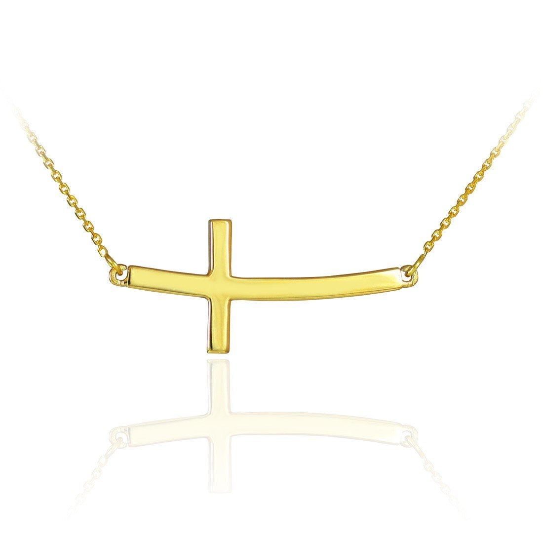 14K Yellow Gold Curved Pendant Sideways Cross Necklace with 16" Rolo Chain