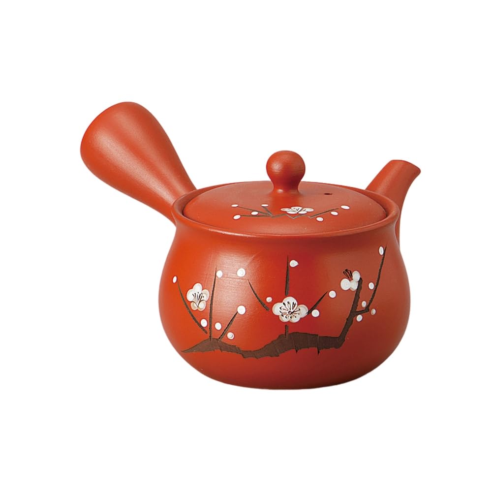 Ale-net Teapot Pot, 6.5 x 5.5 x 3.7 inches (16.5 x 14 x 9.5 cm), 13.8 fl oz (380 cc), Vermilion Muchi-Style White Plum Teapot (Refreshing Ami), Ceramic (Earth) Tokoname Ware, Made in Japan