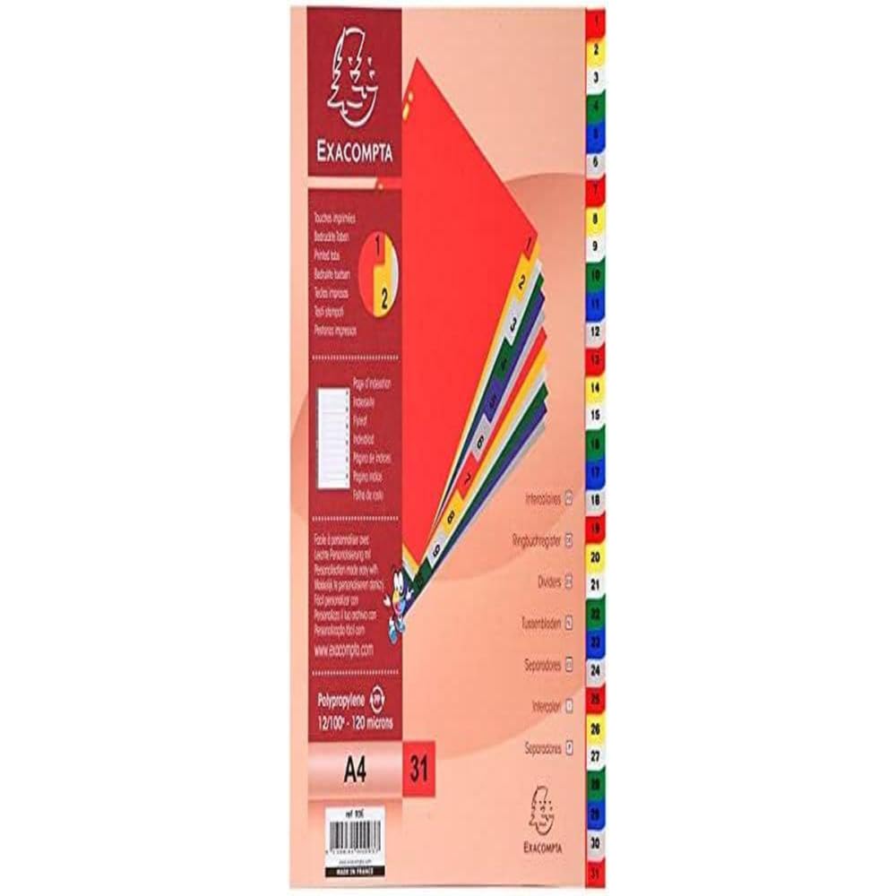 Exacompta - Ref 93E - PP Printed Indices - for Use with A4 Documents, 0.1mm Polypropylene, Pre-Punched, Soft & Tear Resistant - 31 Divider Parts (1-31) - White with Coloured Tabs
