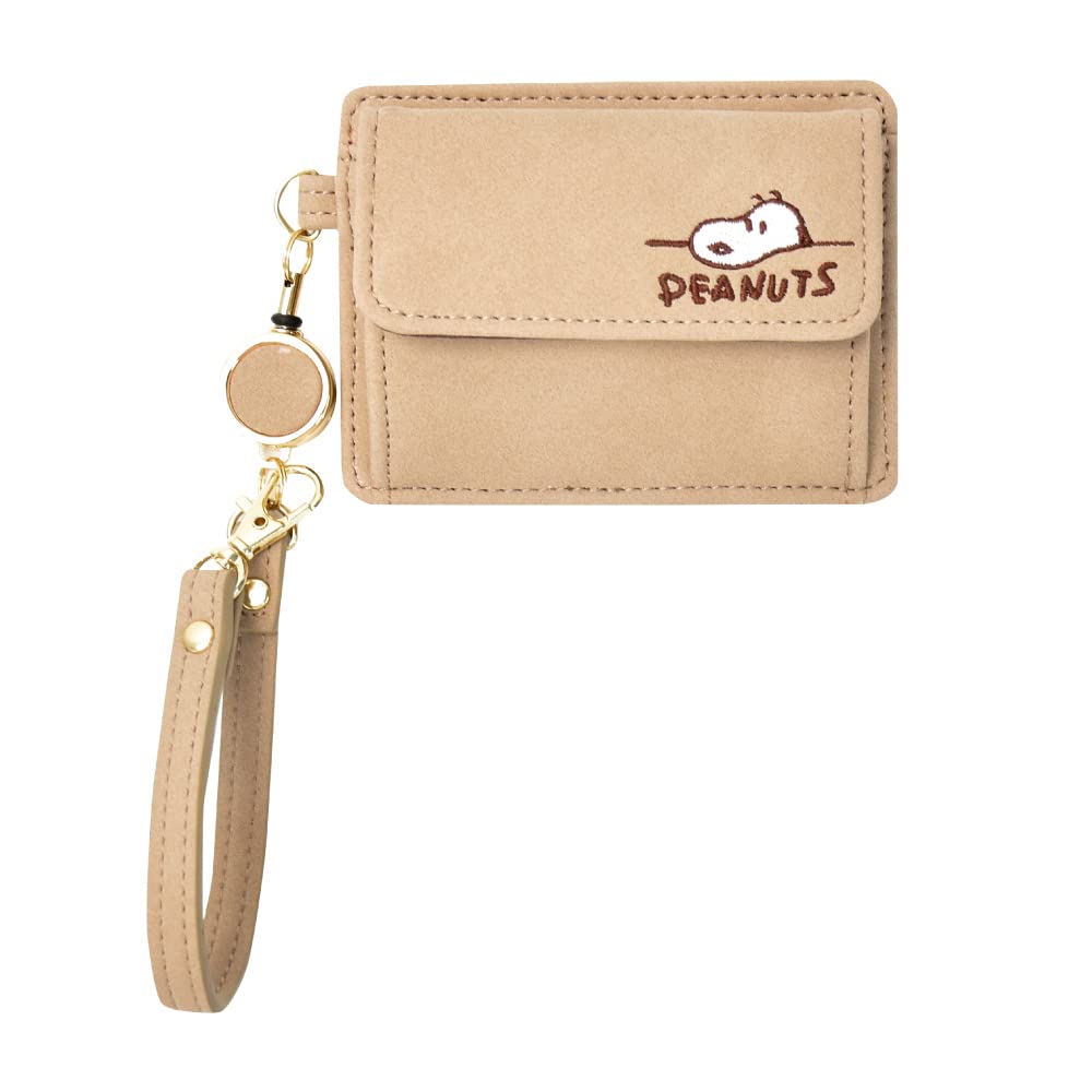 Snoopy Coin Case, Commuter Pass Case, Coin Purse, Synthetic Leather, PU Leather, Reel Included, Compact, Strap, Card Case, beige (SPZ-3021), One Size