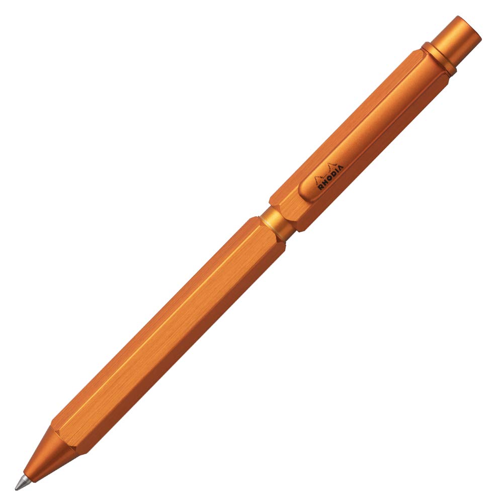RHODIA 9340C - 3 in 1 scRipt Multipen 2 Ballpoint Pens 0.5 mm Black & Red + 1 Graphite Mechanical Pencil 0.5 mm - Hexagonal Body in Orange Brushed Aluminium - Refillable - Eraser Under the Push Button