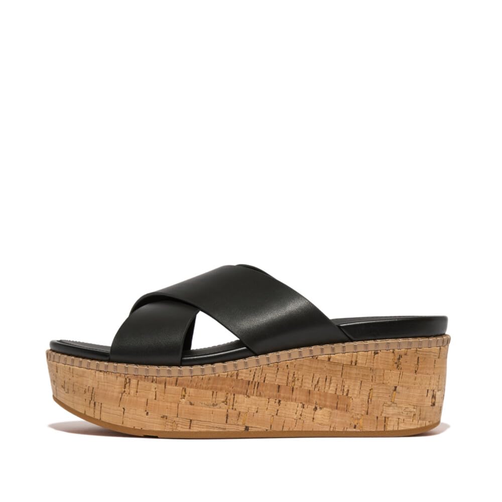 FitFlop Womens Eloise Leather/Cork Wedge Cross Slides Sandals, Black-8