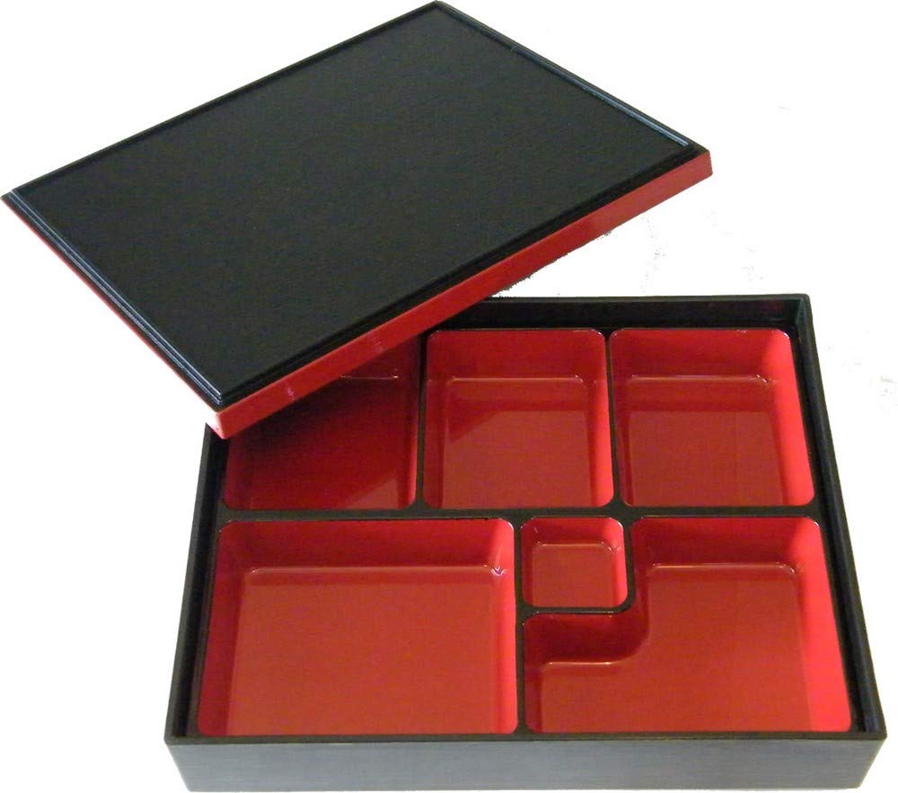 JapanBargain, Japanese Red & Black Lacquered Bento Box with Lid, 6 Compartments, Removable Bento Plate/Tray, Restaurant or Home Use, Made in Japan, 11.75"x9.5"