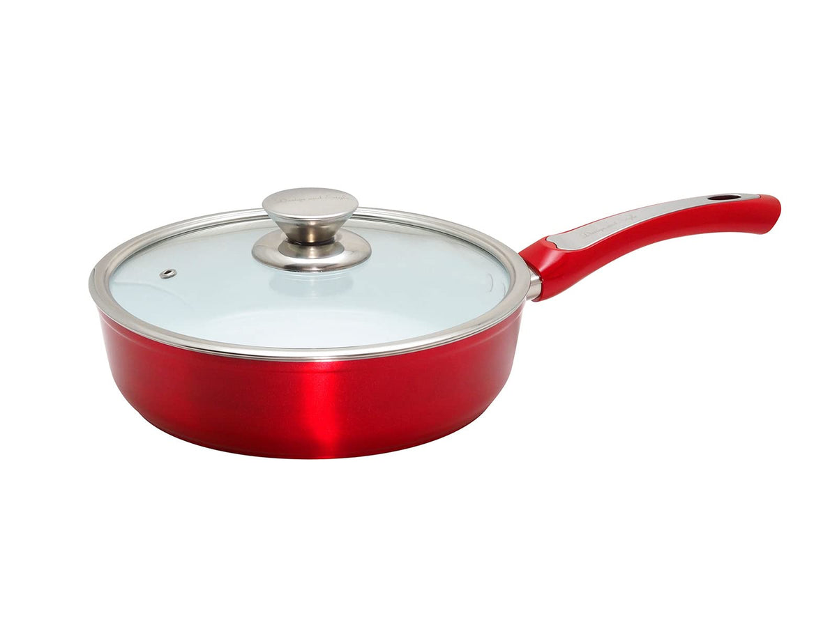 D&S DSSH24D-WHRE Shiny Ceramic Deep Pan, Induction Compatible, 9.4 inches (24 cm), White Red, Glass Lid Included, Deep Type