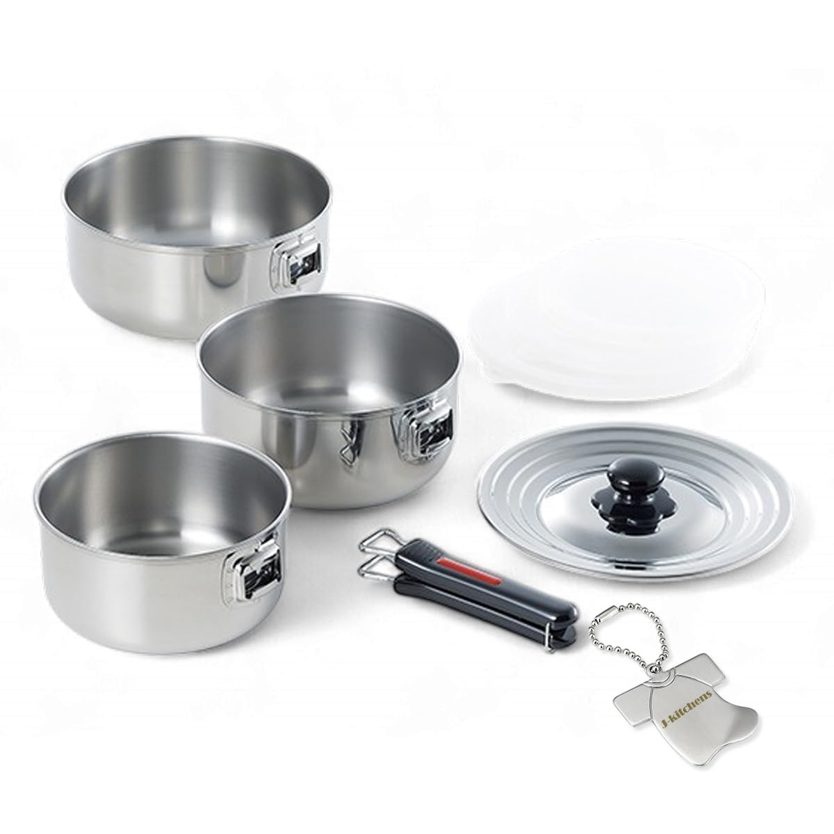 J-kitchens Japanese One-Handled Pot, Removable, 3-Piece Set, 5.5, 7.1 & 7.9 inches (14, 18, 20 cm), IH Compatible, Made in Japan, Original Tag Included