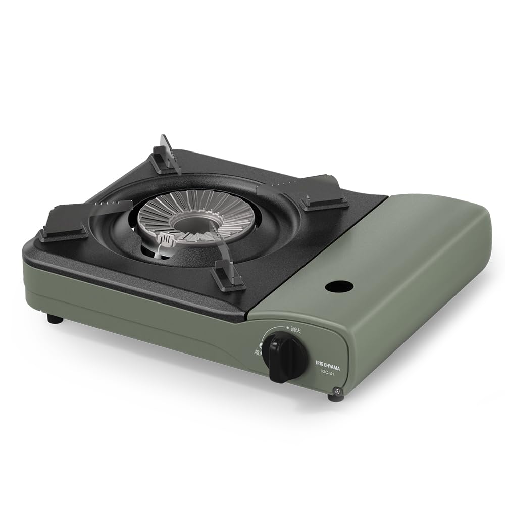 Iris Ohyama IGC-S1-G Cassette Stove, Olive Green, Internal Flame, Energy Saving, Heat Panel Type, Pressure Sensing Safety Device, Easy to Clean, Tabletop, Pot, Sukiyaki, Camping, One Person Serve,