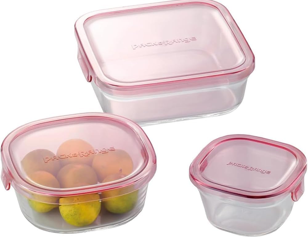 iwaki PS-PRN-3P1 Heat-resistant Glass Storage Containers, Pink, Square Shape, Set of 3, Pack & Range