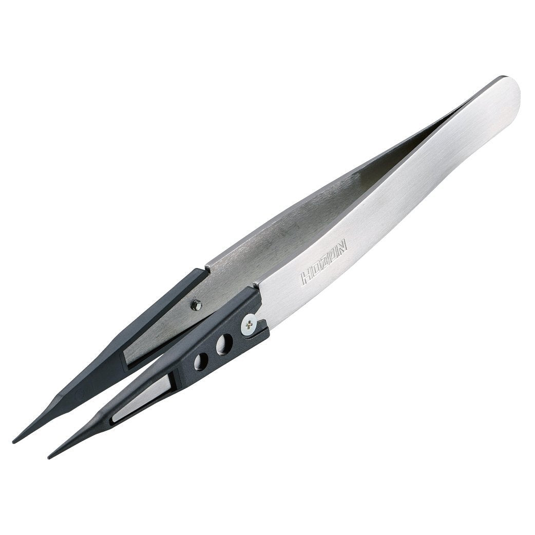 HOZAN ESD Chip Tweezers Anti-Static Cure Tip Width 0.02 inches (0.6 mm), Total Length 4.9 inches (125 mm), Body Material: Stainless Steel, Chip: PEEK P-644-S