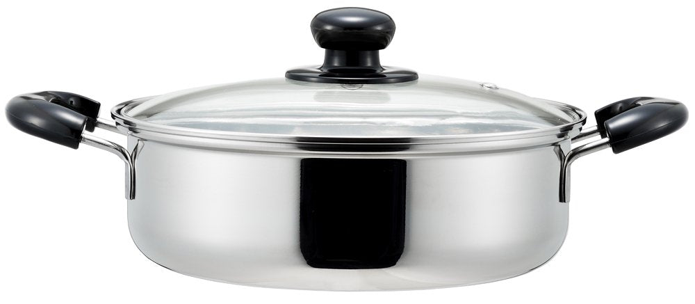Yoshikawa SJ2186 Cooklook II Shallow Type Double Handed Pot, 9.4 inches (24 cm), Induction Compatible, Silver, Stainless Steel, Made in Japan