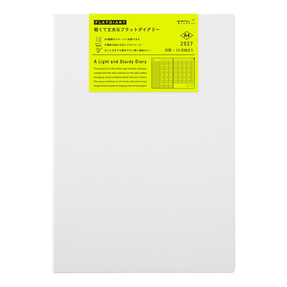Midori Flat Diary 2027 A4 Monthly Planner, White 22462006 (Starts in October 2026)