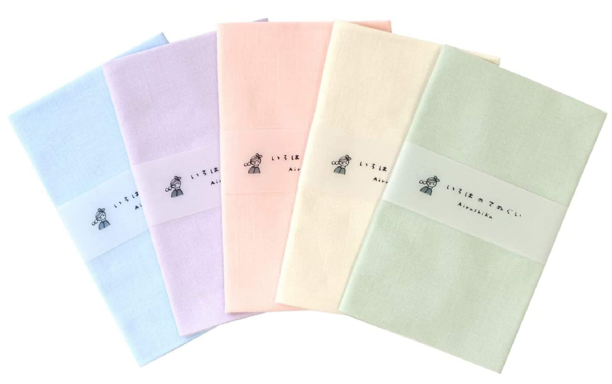 KOMESICHI irodori Japanese Traditional Towel Tenugui Color Plain Pattern F (Light Blue, Pale Purple, Pale Pink, Ecru Color, Pale Green) Set of 5 with Tenugui Iroha (English Manual)