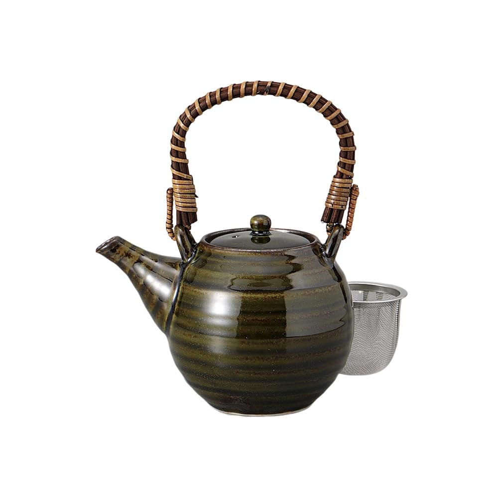 Ale-net Teapot, Earthenware, 5.6 x 4.1 x 4.3 inches (14.2 x 10.5 x 11 cm), 12.0 fl oz (560 cc), Dark Green Earthen Bottle (with Stainless Tea Strainer) Porcelain, Mino Ware, Made in Japan, Fashionable