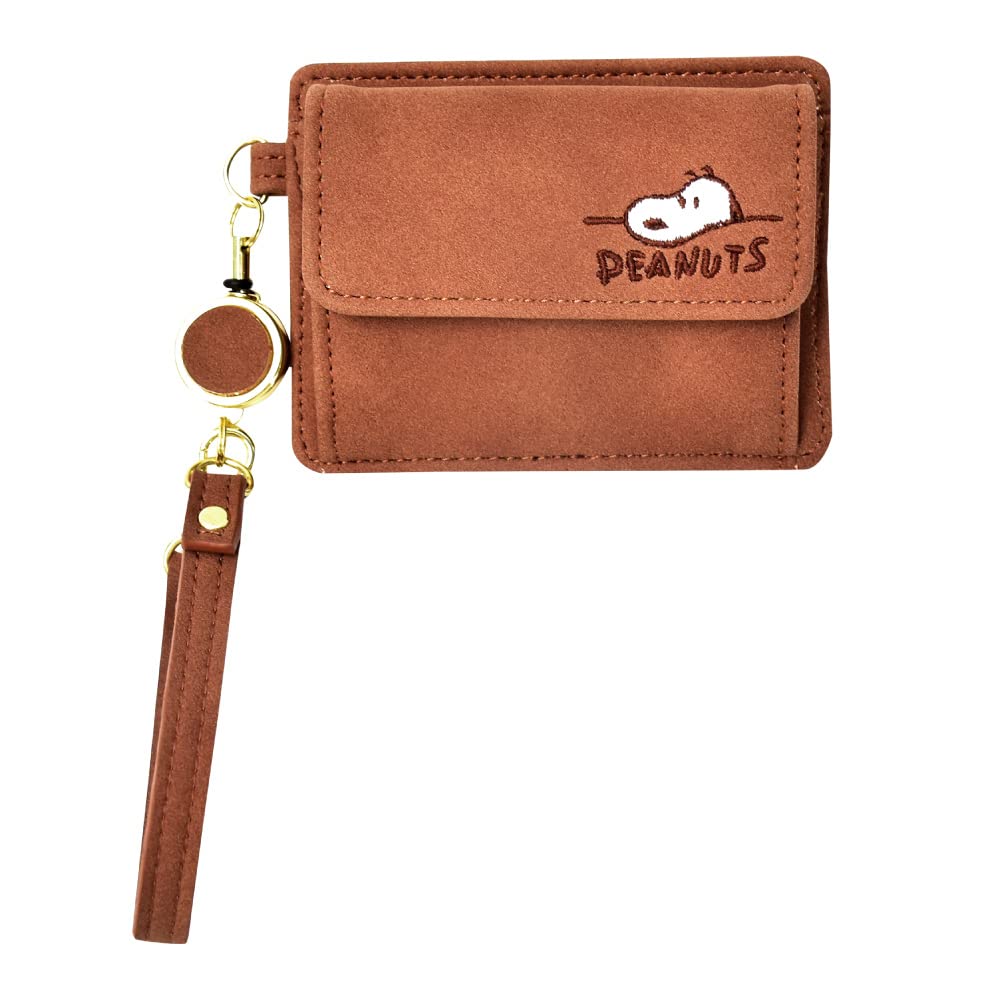 Snoopy Coin Case, Commuter Pass Case, Coin Purse, Synthetic Leather, PU Leather, Reel Included, Compact, Strap, Card Case, brown (SPZ-3020), One Size