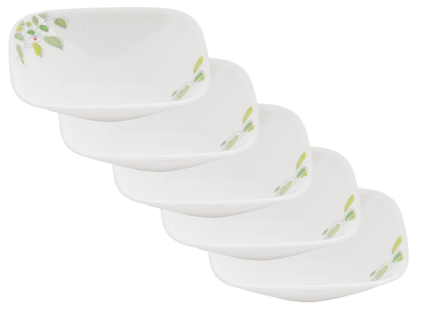 CORELLE CP-9739 Plate, Plate, Width 5.1 x Depth 5.1 x Height 1.4 inches (13 x 13 x 3.5 cm), Break-Resistant, Lightweight, Green Breeze Square, Small Bowl, Set of 5