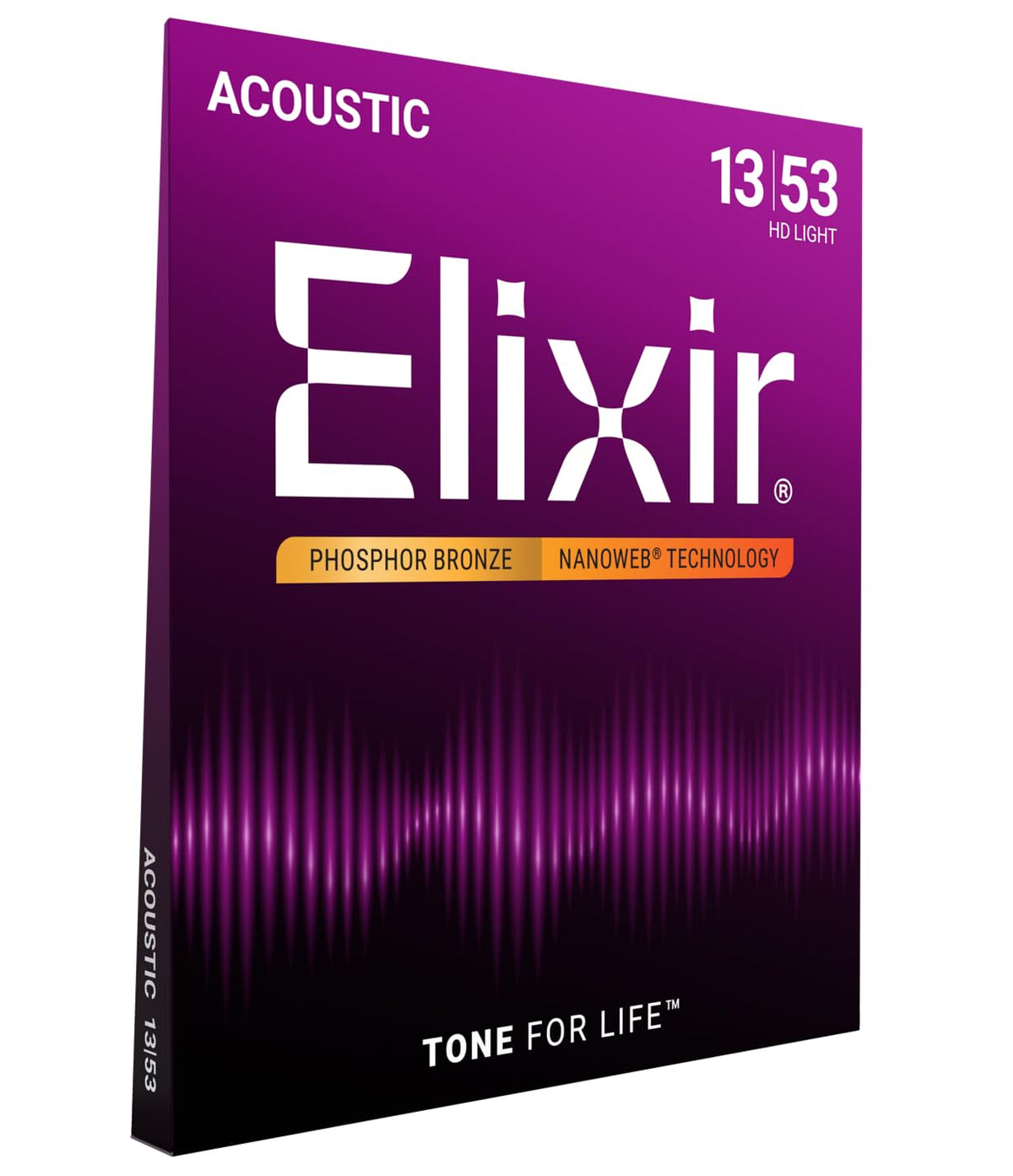 Elixir Strings, Acoustic Guitar Strings, Phosphor Bronze with NANOWEB Technology, Longest-Lasting Rich and Full Tone For Life with Comfortable Feel, 6 String Set, HD Light 13-53