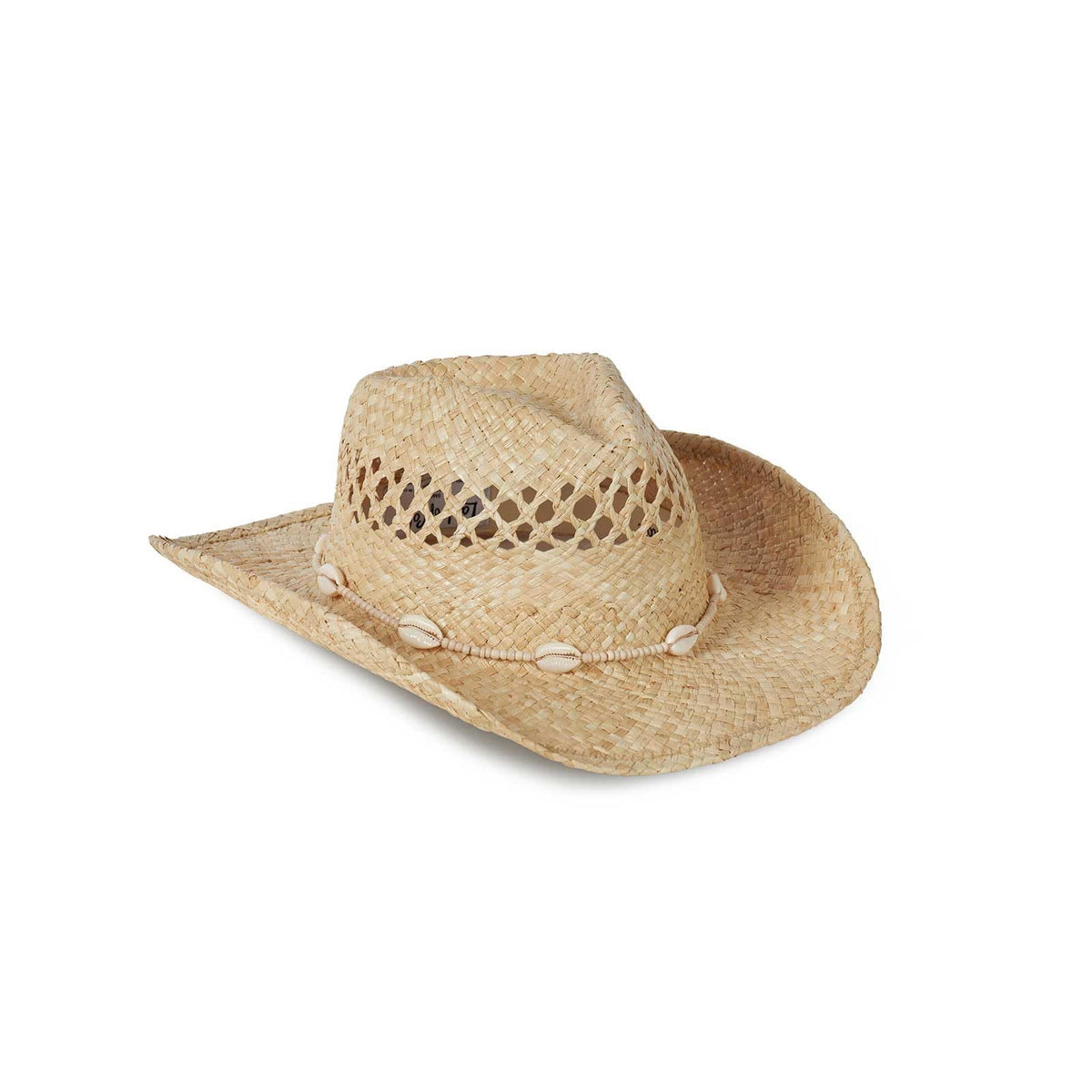 Lack of Color Seashells Cowboy – Handwoven Raffia Straw Coastal Cowboy Hat with Open Weave Detail, Flicked Brim, and Seashell Trim, Size Medium