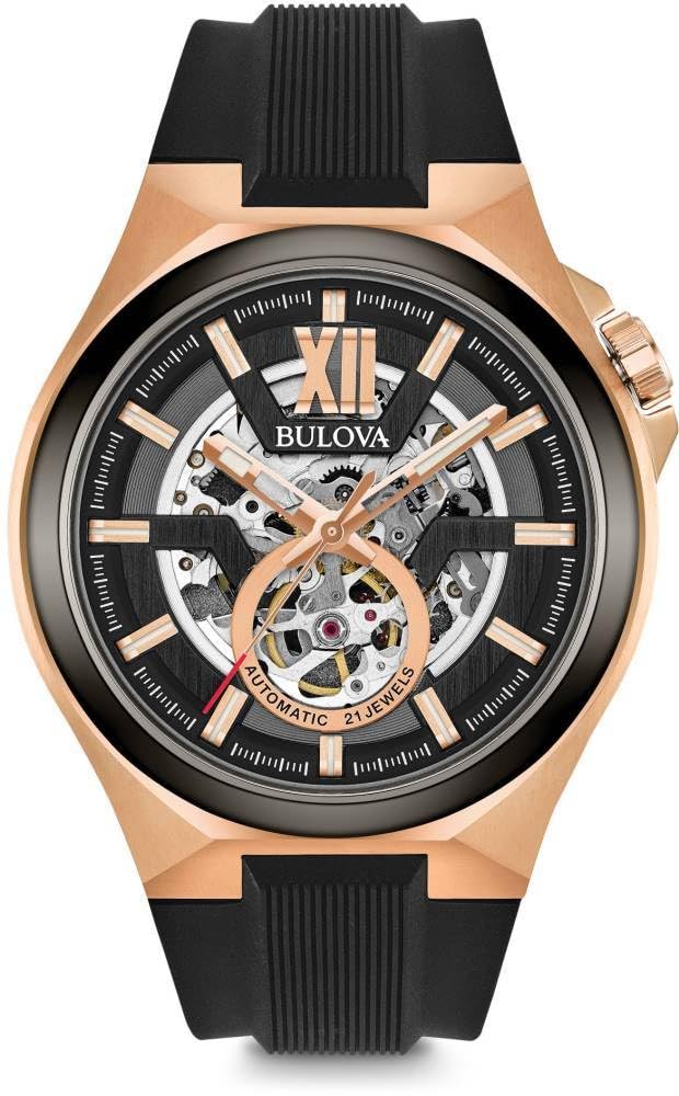 Bulova Men's Classic Maquina Rose Gold Stainless Steel 3-Hand Automatic Watch with Black Silicone Strap, Skeleton Dial Style: 98A177
